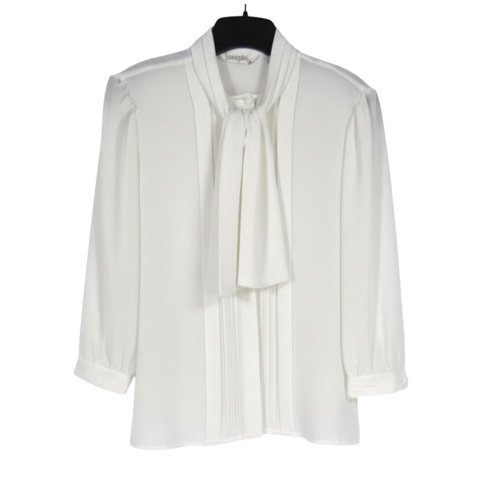 Vtg JOSEPHINE White Crepe CHIFFON Button-Up Pleated TIE Collar Shirt/Top Sz 10